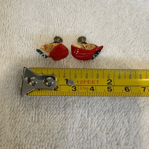 Vintage Hand-Carved Wooden Folk Earrings - Red Babushka Design - Picture 7 of 8